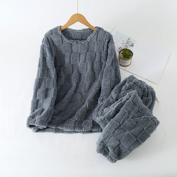 PNTUTB Women's Solid Color Checkered Crew Neck Pullover Casual Loungewear Loose Winter Warm Fleece Soft Pajamas Sets