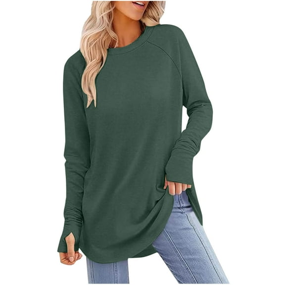 PNTUTB Women's Solid Color Crew Neck Long Sleeve Undershirt Long Length Thumb Holes for Fall Winter