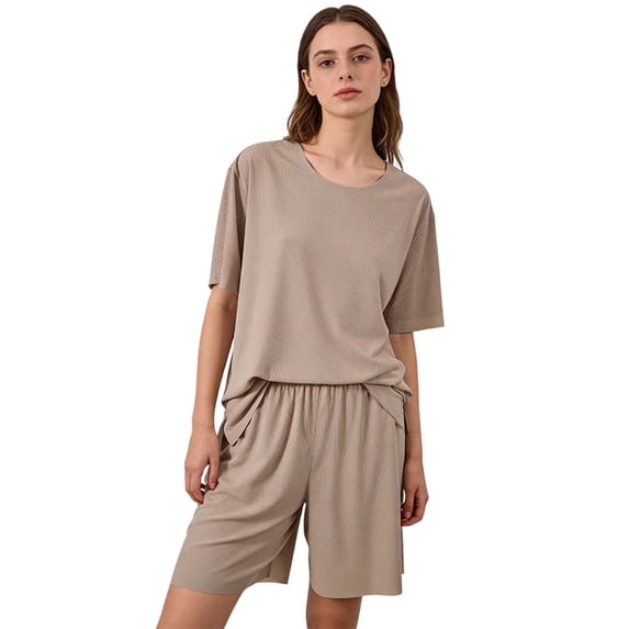 PNTUTB Women's Solid Color Crew Neck Short Sleeve Elastic Waist Shorts Casual Loose Comfortable Two Piece Pajama Set