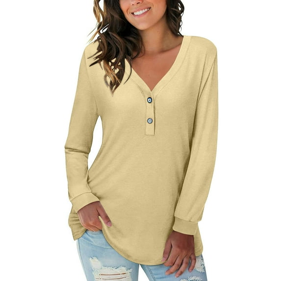 PNTUTB Long Sleeve Loose Shirt for Women Solid Color Fashion V Neck Causal Comfortable Tops
