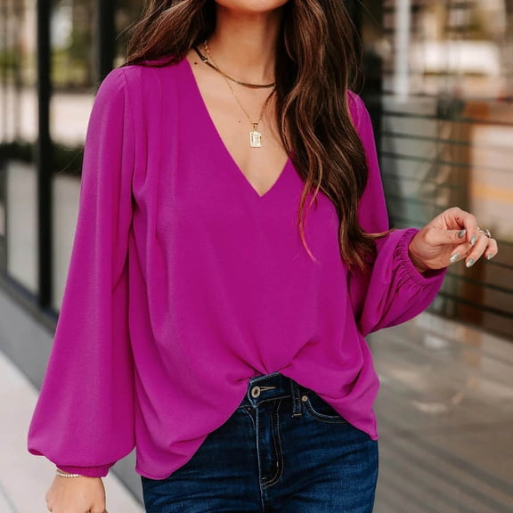 PNTUTB Long Sleeve Loose Shirt for Women Solid Color Fashion V Neck Causal Comfortable Tops