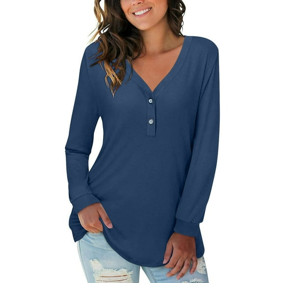PNTUTB Long Sleeve Loose Shirt for Women Solid Color Fashion V Neck Causal Comfortable Tops