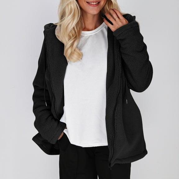 PNTUTB Women's Solid Color Fleece Thermal Full Zip Long Sleeve Hooded Drawstring Casual Comfortable Coat