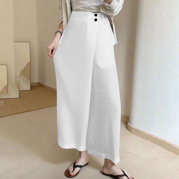 PNTUTB Women's Solid Color Lightweight Breathable Casual Loose Comfortable Button Up Wide Leg Pants with Pockets