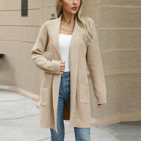 PNTUTB Women's Solid Color Long Cardigan Sweater Long Sleeve Knit Casual Trendy Oversized Coat with Pockets