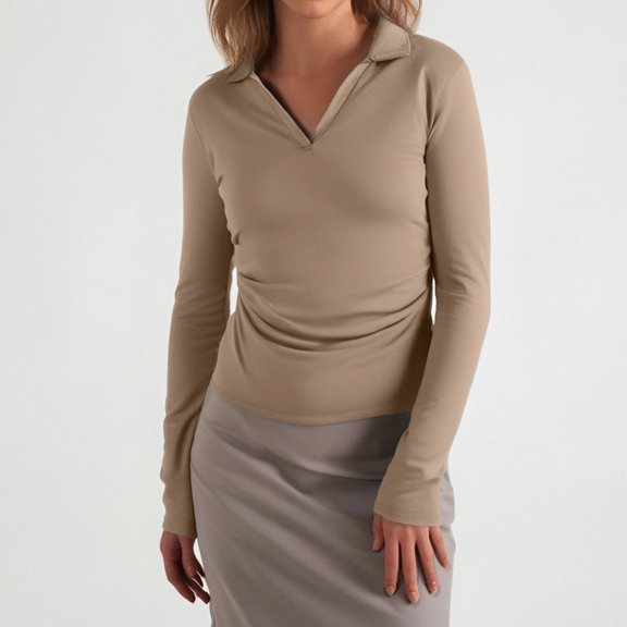 PNTUTB Women's Solid Color Long Sleeve V-neck Casual Basic Top Long Sleeve V-neck Top/shirt