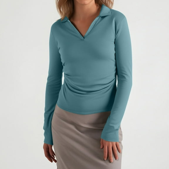 PNTUTB Women's Solid Color Long Sleeve V-neck Casual Basic Top Long Sleeve V-neck Top/shirt