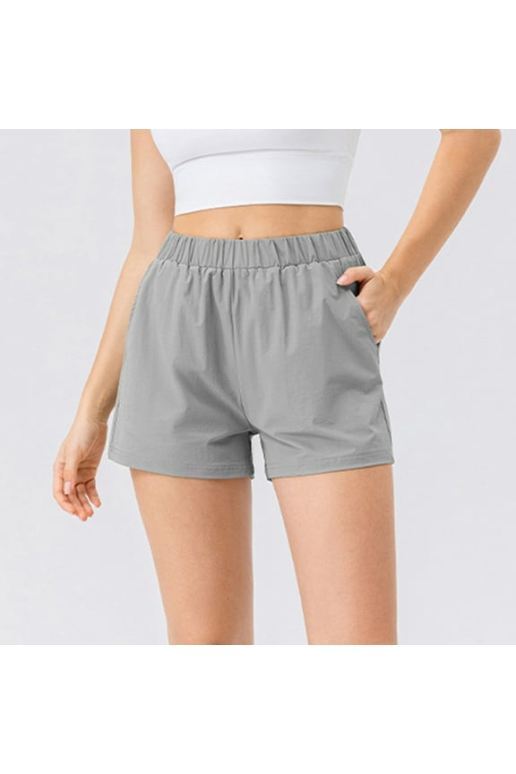 Women's Solid Color Quick Dry Casual Sports Running Fitness Shorts with Elastic Waistband and Pockets