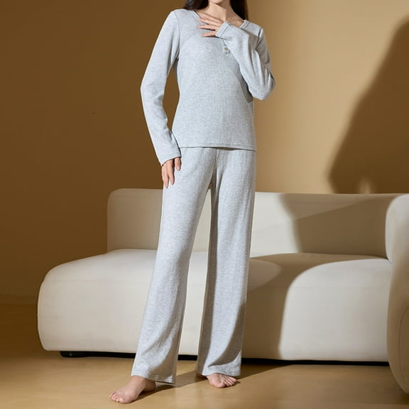 PNTUTB Women's Solid Color Ribbed Knitted Crew Neck Pullover Long Sleeve Slim Fit Comfort Loungewear Pajamas Set