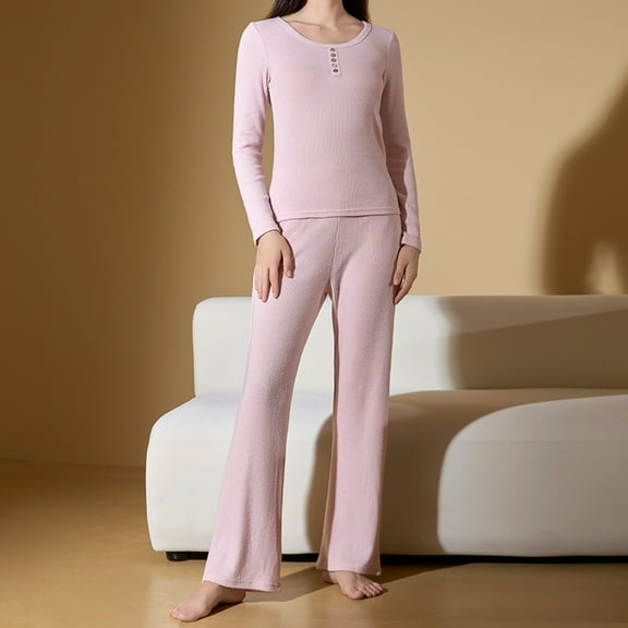 PNTUTB Women's Solid Color Ribbed Knitted Crew Neck Pullover Long Sleeve Slim Fit Comfort Loungewear Pajamas Set