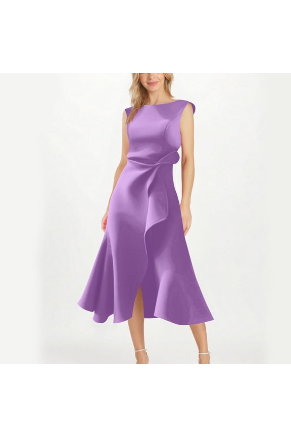 Women's Solid Color Sleeveless Round Neck Asymmetric Hemline Dress for Weddings and Special Occasions
