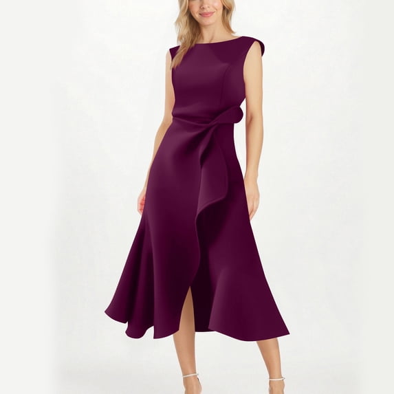 PNTUTB Women's Solid Color Sleeveless Round Neck Asymmetric Hemline Dress for Weddings and Special Occasions