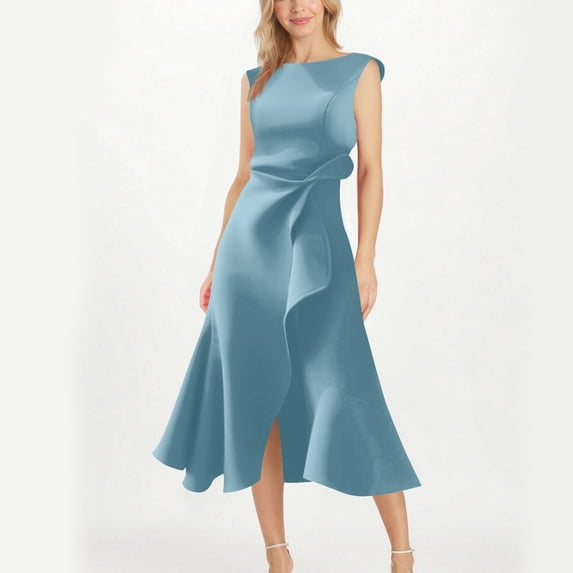 PNTUTB Women's Solid Color Sleeveless Round Neck Asymmetric Hemline Dress for Weddings and Special Occasions