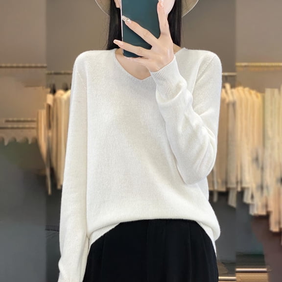 PNTUTB Women's Solid Color Soft Skin-Friendly V-Neck Long Sleeve Casual Loose Fit Knit Top&Flash Picks