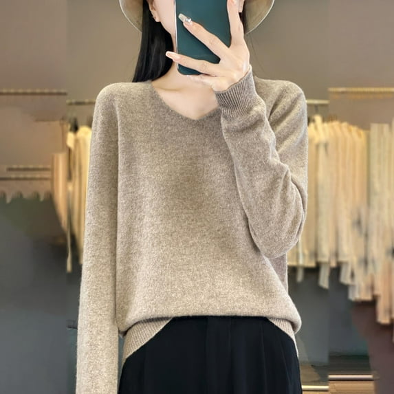 PNTUTB Women's Solid Color Soft Skin-Friendly V-Neck Long Sleeve Casual Loose Fit Knit Top&Flash Picks