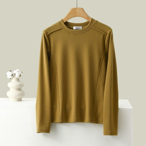 PNTUTB Women's Solid Color Warm Fleece Lining Casual Crew Neck Long Sleeve Comfortable Base Layer Tops