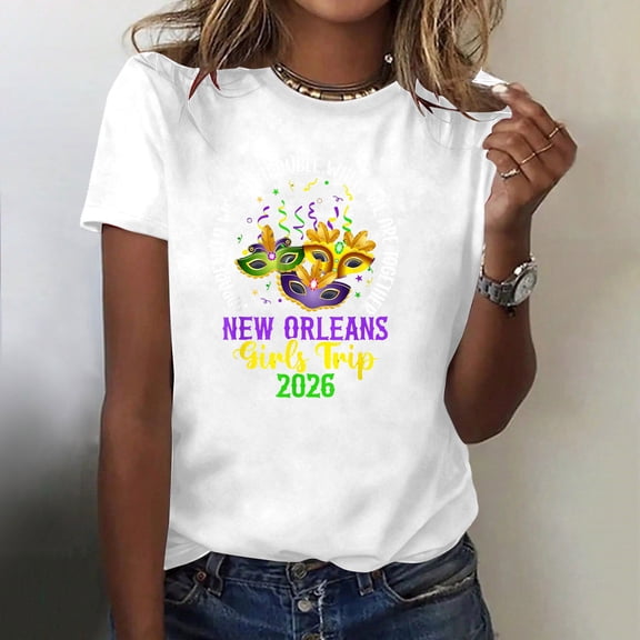 PNTUTB Women's Summer 2026 Mardi Gras Printed Casual Short Neck Loose Comfortable Sleeve Round T Shirt
