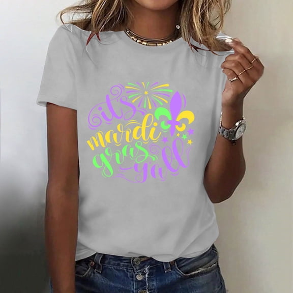 PNTUTB Women's Summer 2026 Mardi Gras Printed Casual Short Sleeve Round Neck Loose Comfortable T Shirt