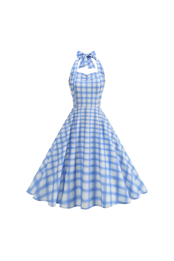 Women's Summer Casual Comfort Beach Resort Fashion Plaid Print V-Neck Halter Neck Tie Back Dress