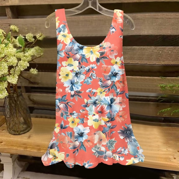 PNTUTB Women's Summer Casual Fashion Basic Tees Loose Fit Shirts Printing Loose Round Neck Sleeveless Shirts