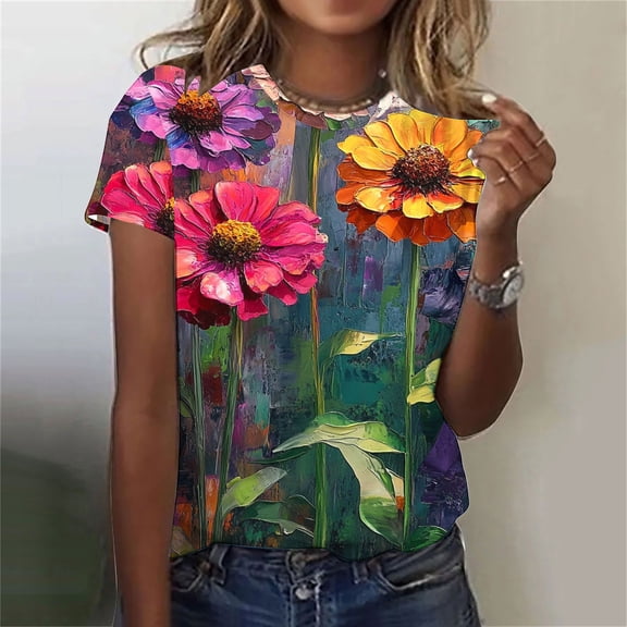 PNTUTB Women's Summer Comfortable Casual Top Fashion Round Neck Printed Short Sleeve T Shirt