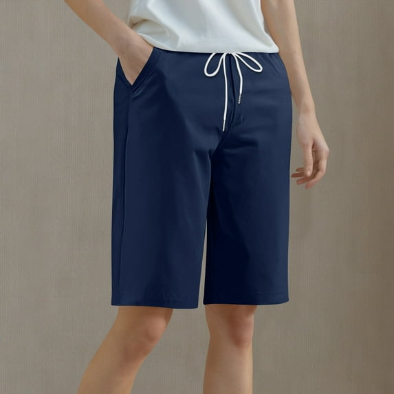 PNTUTB Women's Summer Everyday Solid Color Elastic Waist Drawstring Casual Activewear Shorts with Pockets