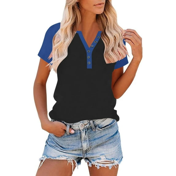 PNTUTB Women's Summer Fashion Color Block Loose Comfort Pullover Button Up V Neck Short Sleeve T Shirts
