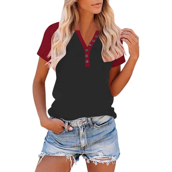 PNTUTB Women's Summer Fashion Color Block Loose Comfort Pullover Button Up V Neck Short Sleeve T Shirts