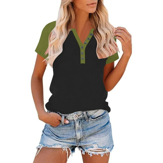 PNTUTB Women's Summer Fashion Color Block Loose Comfort Pullover Button Up V Neck Short Sleeve T Shirts