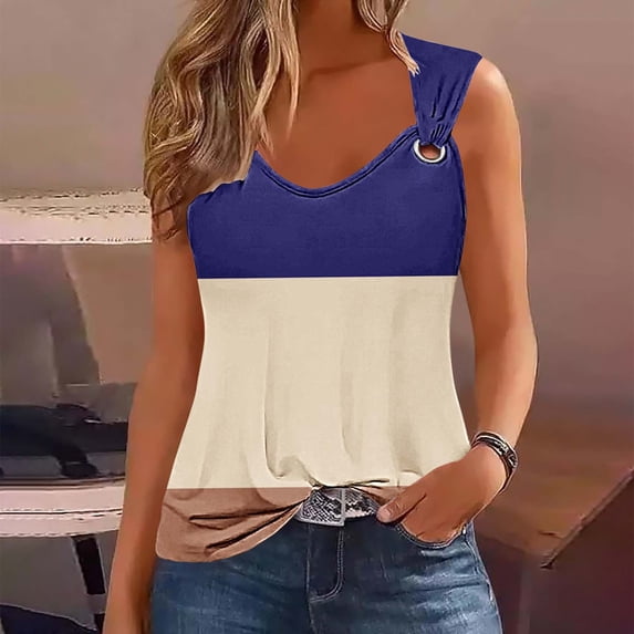 PNTUTB Women's Summer Fashion Color Blocked Casual Loose Comfortable Round Neck Sleeveless Tops
