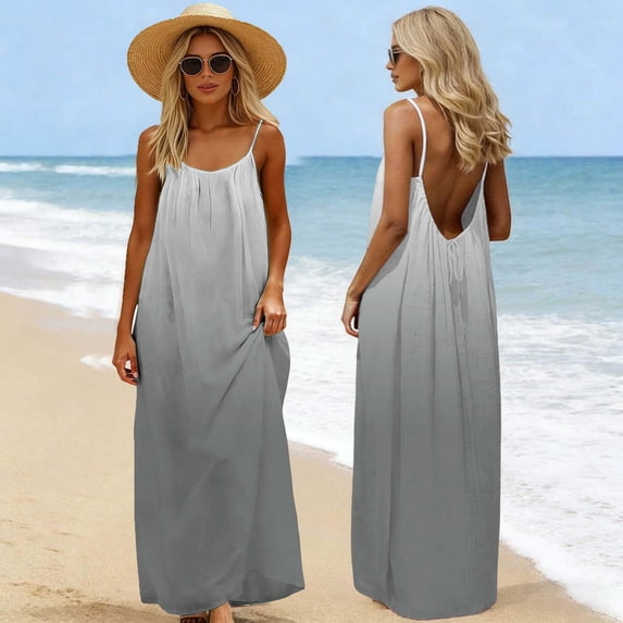 PNTUTB Women's Summer Fashion Gradient Print Casual Sleeveless Backless Loose Comfortable Spaghetti Strap Maxi Dress