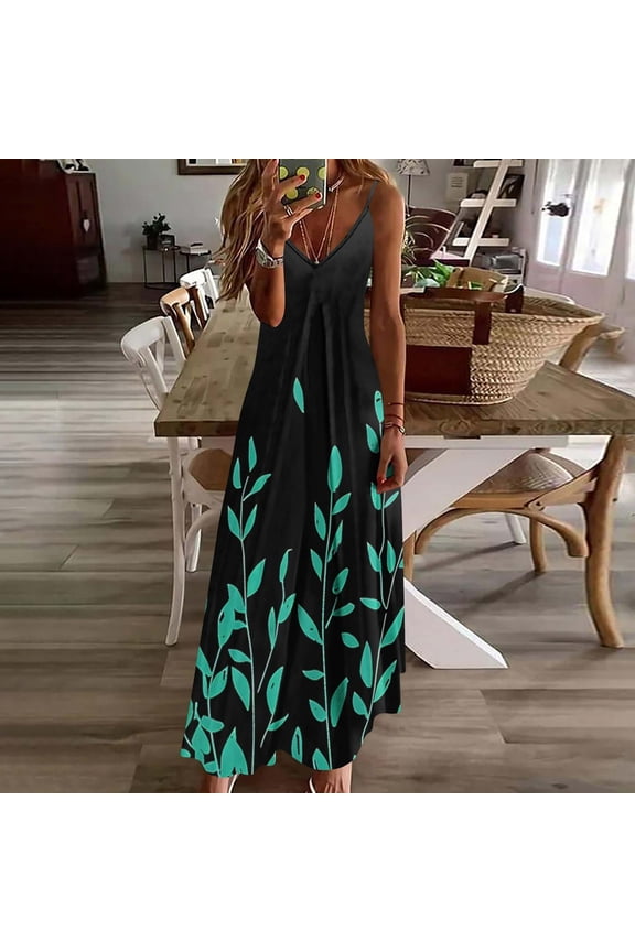 Women's Summer Fashion Print Casual Loose Comfortable V Neck Strapless Ankle Length Dress