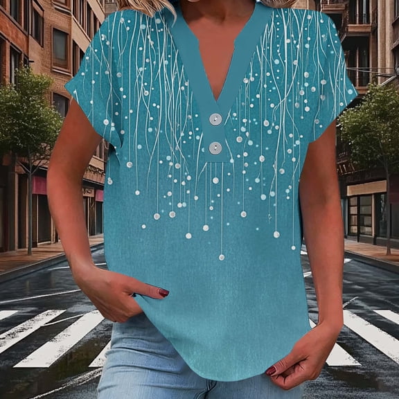 PNTUTB Women's Summer Fashion Print Casual Short Sleeve V Neck Button Pullover Comfortable Loose T Shirts
