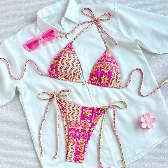 PNTUTB Women's Summer Fashion Printed Halter Neck Tie Back Bikini with Padded Cups Swimsuit Set