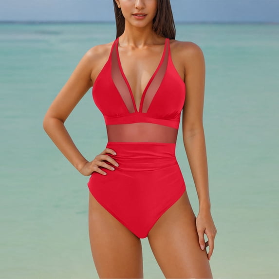 PNTUTB Women's Summer Fashion Solid Color Mesh Sheer Backless One Piece Swimsuit with Built-in Padded Cups