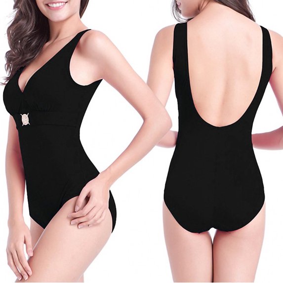PNTUTB Women's Summer Fashion Solid Color V Neck Tummy Covering Waist Defining Backless One Piece Swimsuit