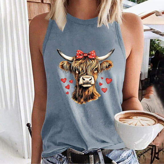 PNTUTB Women's Summer Sleeveless Regular Round Neck Printed Sleeveless Basic Tees Comfortable Casual Tops