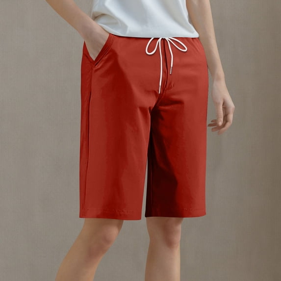 PNTUTB Women's Summer Solid Color Elastic Waist Drawstring Everyday Casual Activewear Shorts with Pockets
