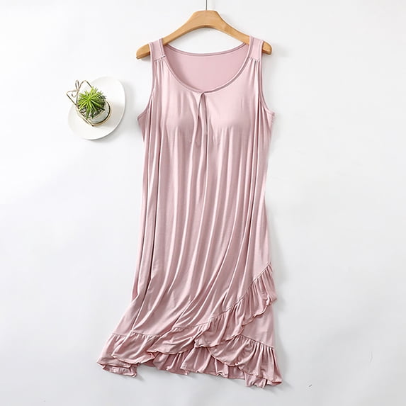 PNTUTB Women's Summer Solid Color Sleeveless Round Neck Loose Relaxed Home Nightgown with Built-in Pads
