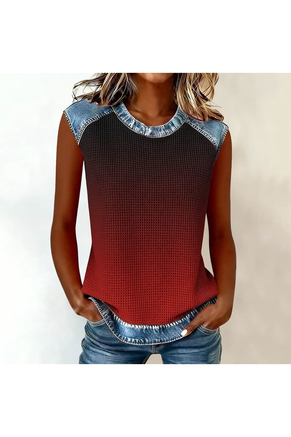Women's Summer Tank Top,Versatile Fashionable Gradient-Dye Denim Patchwork Waffle-Weave Relaxed Round Neck Sleeveless Top