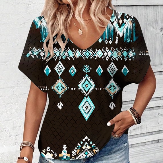 PNTUTB Women's Summer Trend Fashion Print Casual Loose Comfortable V Neck Versatile Short Sleeve T Shirt