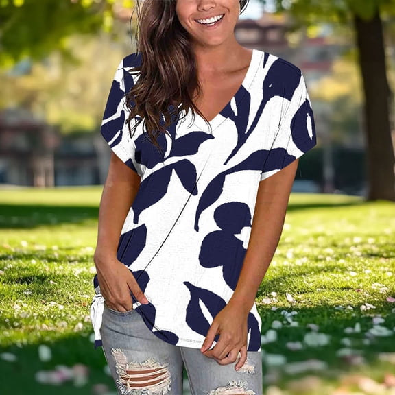 PNTUTB Women's Summer Versatile Fashion Print Casual Loose V-neck Short Sleeve Comfortable Tops