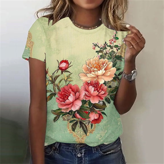 PNTUTB Women's Top Casual Comfortable Summer Loose Basic Round Neck Short Sleeve Fashionable Shirt