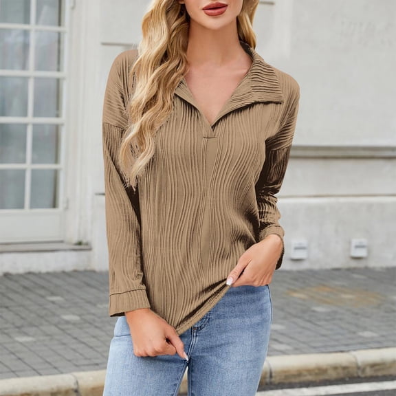 PNTUTB Women's V-Neck Long Sleeve Striped Texture Casual Pullover Fashion Loose Fit Top&Flash Picks