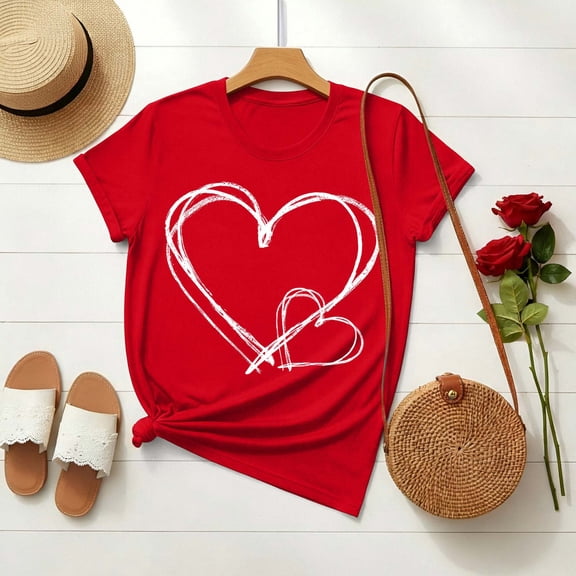 PNTUTB Women's Valentine's Day Fashion Print Crew Neck Casual Loose Comfortable Short Sleeve T Shirt