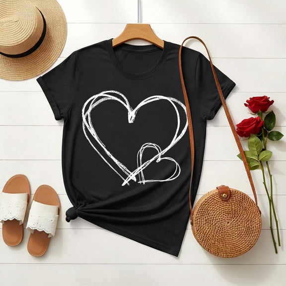 PNTUTB Women's Valentine's Day Fashion Print Crew Neck Casual Loose Comfortable Short Sleeve T Shirt