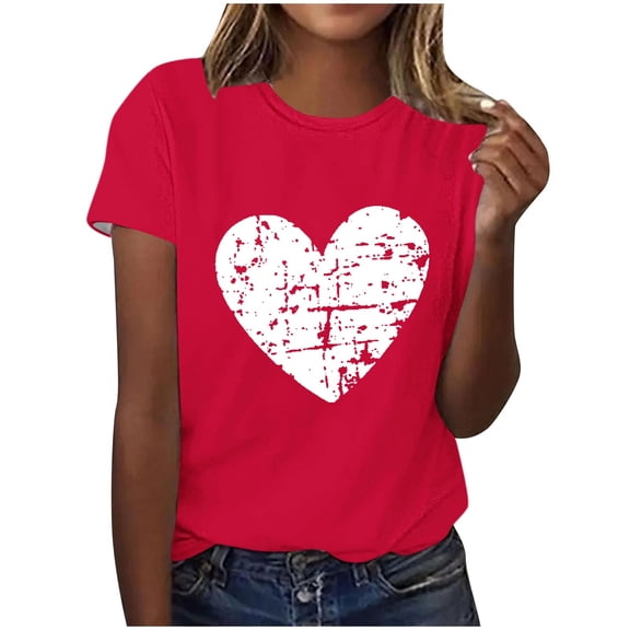 PNTUTB Women's Valentine's Day Fashion Print Crew Neck Short Sleeve Casual Loose Versatile Red T Shirt