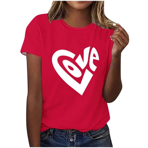PNTUTB Women's Valentine's Day Versatile Fashion Print Crew Neck Casual Loose Red Short Sleeve T Shirt