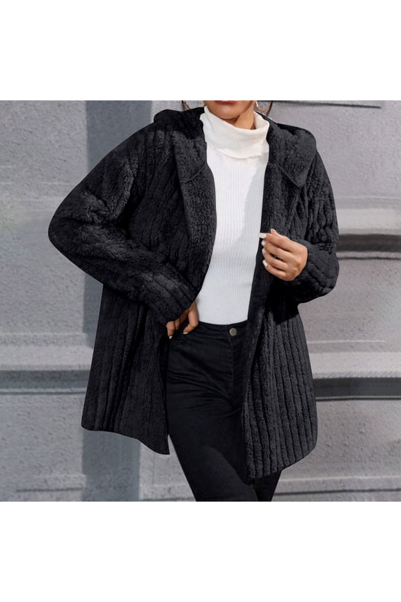 Women's Winter Fleece Warm Comfort Solid Color Vertical Stripes Long Sleeve Hooded Casual Cardigan Coat