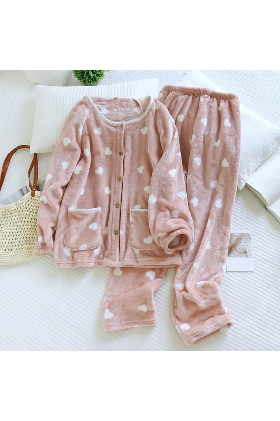 Women's Winter Fleece Warm Crew Neck Button Up Heart Print Casual Long Sleeve Loose Pajamas Set with Pockets